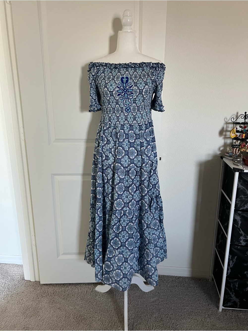 NWT Bottega Positano Blue And White Boho Style Maxi Dress Small / Medium